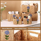 Set of 5 Water Hyacinth Pantry Baskets, Storage Baskets for Organizing, Cube Storage Bins for Shelves, Rectangle Storage Baskets with Handles, Woven Baskets for Storage - Floral