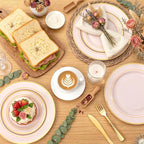 WDF Partyware 350PCS Pink Disposable Plates - Pink Plastic Plates 50Guests Plastic Dinnerware Sets with Rolled Napkins for Wedding/Birthday/Baby shower/Mother's Day