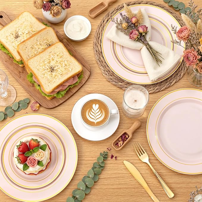 WDF Partyware 350PCS Pink Disposable Plates - Pink Plastic Plates 50Guests Plastic Dinnerware Sets with Rolled Napkins for Wedding/Birthday/Baby shower/Mother's Day