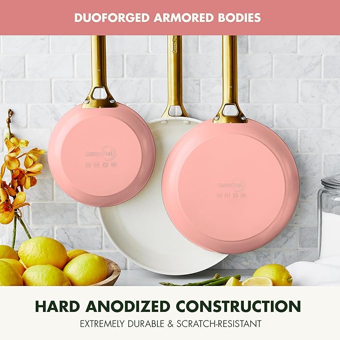 GreenPan 8" 10" & 12" 3 Piece Frying Pan Skillet Set, Healthy Ceramic Nonstick PFAS-Free Cookware, Hard Anodized Aluminum, Gold-Tone Stainless Steel Handles, Dishwasher and Oven Safe, Coral
