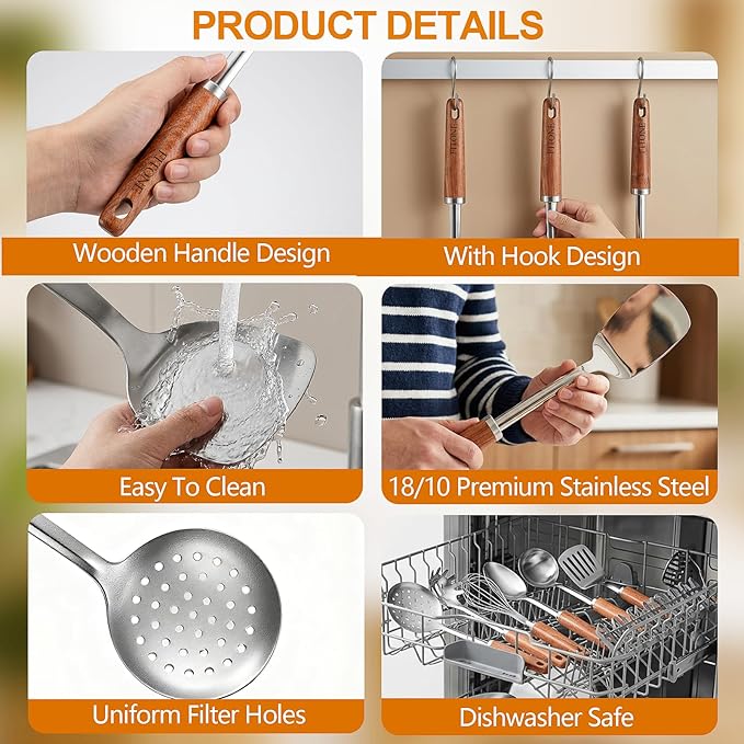 9PCS 18/8 Stainless Steel Kitchen Utensils, Stainless Steel Cooking Utensils with Wooden Handle, Metal Cooking Utensils Set, Spatula, Ladle, Skimmer, Spaghetti Spoon, Potato Masher, Easy To Clean