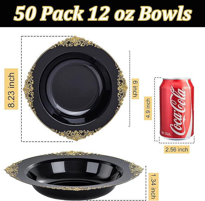 Nervure 50PCS Black Plastic Bowls with Gold Rim - 12oz Disposable Soup Bowls, Heavy Duty Salad Ice Cream Bowl Perfect For Weddings, Parties and Halloween