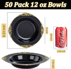 Nervure 50PCS Black Plastic Bowls with Gold Rim - 12oz Disposable Soup Bowls, Heavy Duty Salad Ice Cream Bowl Perfect For Weddings, Parties and Halloween