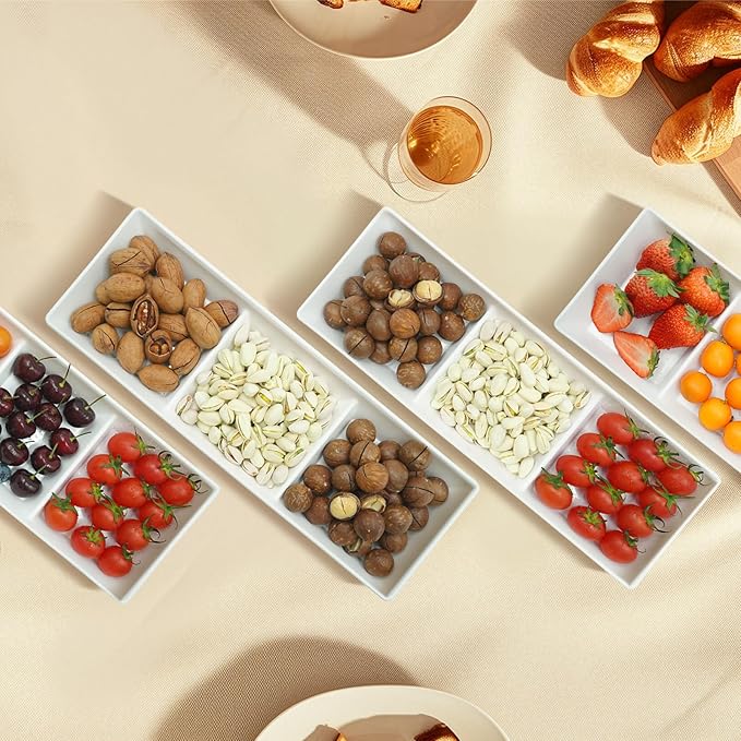 Divided Serving Tray Platter, 4 Pack 15" x 5" Fruit Veggie Food Tray for Party, Plastic Serving Trays for Appetizer, Snack, Dessert, Cookie, Brunch Decorations Platters, White Trays BPA-Free