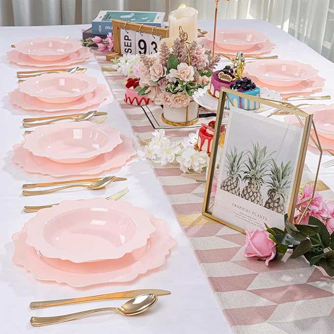 COLOSUS Pink Plastic Party Bowls (60 Pack) 12 Oz Disposable Soup/Salad Bowl, Fancy Shatterproof Dinnerware for Easter, Catering, Holidays, Weddings, and Everyday Use,Easter Day