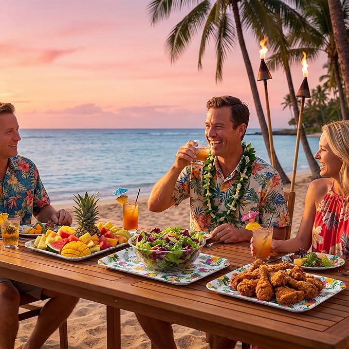Vesici 3 Pcs Hawaiian Luau Serving Trays 13 x 10 Inch Aloha Tropical Palm Leaf Hibiscus Floral Melamine Platters Reusable Rectangular Serving Dishes for Summer Beach Party Sharing Snacks Fruit Dessert