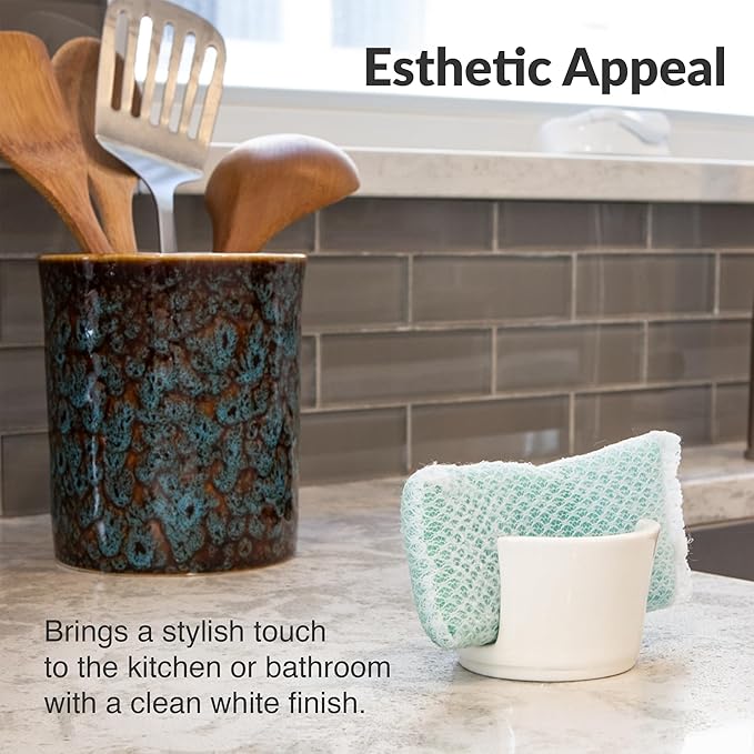 Elevated Lifestyle Ceramic Sponge Holder – Sink Caddy Organizer, Decorative Bathroom and Kitchen Sink Accessories, Allows Sponge to Dry, Ideal Countertop Sponge & Bar Soap Holder - (White)
