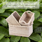 Set of 3 Seagrass Woven Storage Basket with Handles, Natural Wooden Bead Decoration for Blankets Toys Clothes Shoes Organizer, Cube Bins for Shelves Living Room Bedroom Nursery Home Decor