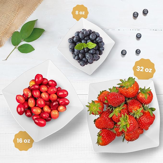 R-kay 6 Pack Square Plastic Serving Bowls - White Small Plastic bowls 8 oz, Premium White Bowls For Weddings Catering And Birthday parties