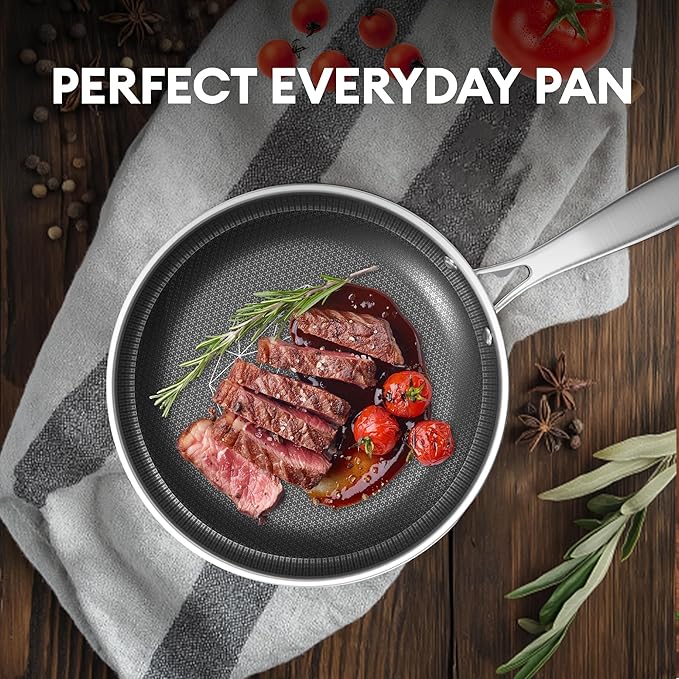 COOKER KING 10-Inch Stainless Steel Pan, Hybrid Nonstick Frying Pan, Skillet, 3-Ply Clad Cookware, Even Heat Distribution, Dishwasher & Oven Safe, with Stay-Cool Handle, Induction Compatible