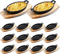 Mifoci 12 Pcs Mini Cast Iron Skillet with Wooden Base Small Cast Iron Fajita Plates Baker's Skillet Matte Black Pan Pot for Kitchen Restaurant Barbecue Dinner (8.7 x 4.7 x 1.6 Inches)