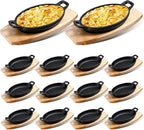 Mifoci 12 Pcs Mini Cast Iron Skillet with Wooden Base Small Cast Iron Fajita Plates Baker's Skillet Matte Black Pan Pot for Kitchen Restaurant Barbecue Dinner (8.7 x 4.7 x 1.6 Inches)
