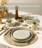 GBHOME 24-Piece Stoneware Dinnerware Set for 8 – Ribbed Ceramic Plates and Bowls, Scratch-Resistant, Microwave & Dishwasher Safe, Reactive Glaze, Desert Sage