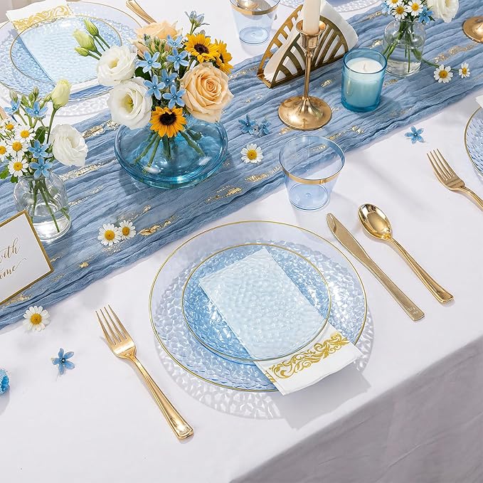 Rubtlamp 350 Pcs Clear Blue Plastic Plates, Blue Gold Plastic Dinnerware Set (50 Guests), Blue Disposable Plates With Gold Rim, Hammered Party Plates Set for Wedding And Party
