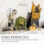 Black and Gold Kitchen Utensils - Luxe 8-Piece Gold Kitchen Tools Set with Can Opener, Pizza Cutter, Peeler, Mini Whisk, and Tongs - Stylish Accessories for Modern Cooking and Ideal for Gifting