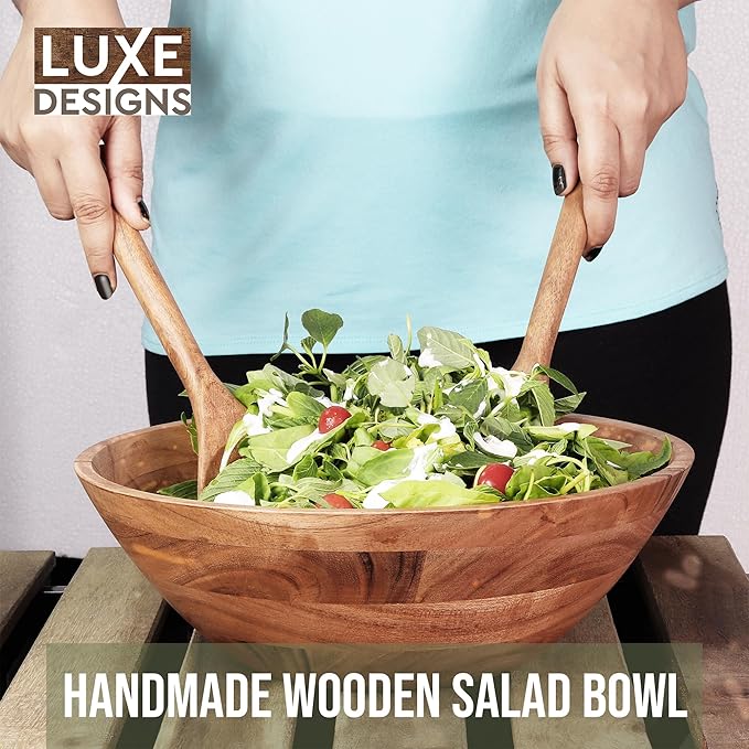 Luxe Designs Wooden Salad Bowl Set - Food Safe & Sustainable Decorative Bowl - Wood Bowl for Fruits, & Salads - Easy to Clean Large Salad Bowls Set w/Spoon, Fork – Wooden Bowls for Food