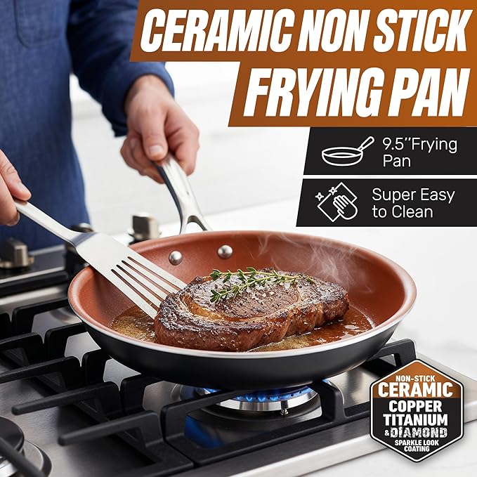 Gotham Steel 9.5 Inch Copper Non Stick Frying Pans, Ceramic Non Toxic Frying Pans Nonstick Skillet Made Without PFOA PFOS, Lightweight, Stay Cool Handle, Oven and Dishwasher Safe