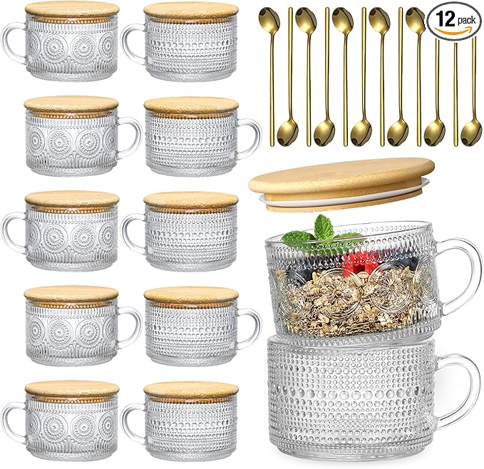 LANDNEOO 12pcs Set Irish Coffee Glasses, Vintage Coffee Mugs, Overnight Oats Containers with Bamboo Lids and Spoons - 14oz Clear Embossed Glass Cups, Cute Coffee Bar Accessories, Iced Coffee Glasses