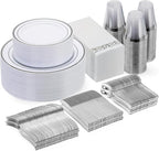 Goodluck 350 Pieces Silver Dinnerware Set for 50 Guests, disposable Plastic Plates for Party, Include: 50 Dinner Plates, 50 Dessert Plates, 50 Paper Napkins, 50 Cups, 50 Silverware set