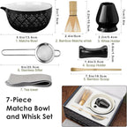 Matcha Whisk Set Matcha Kit - 7 Pcs Japanese Tea Set Includes Matcha Bowl with Spout,Bamboo Whisk with Ceramic Holder,Bamboo Scoop and Rest,Sifter,Tea Towel, for Ceremony Matcha Lovers Gift,Black