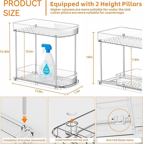 4 Pack Large Pull Out Bathroom Organizers and Storage,2 Tier 12.8″ Tall Sliding Kitchen Under Sink Organizer for Cleaning Products Storage,Acrylic Clear Bathroom inder Sink Organizer,Undersink Storage
