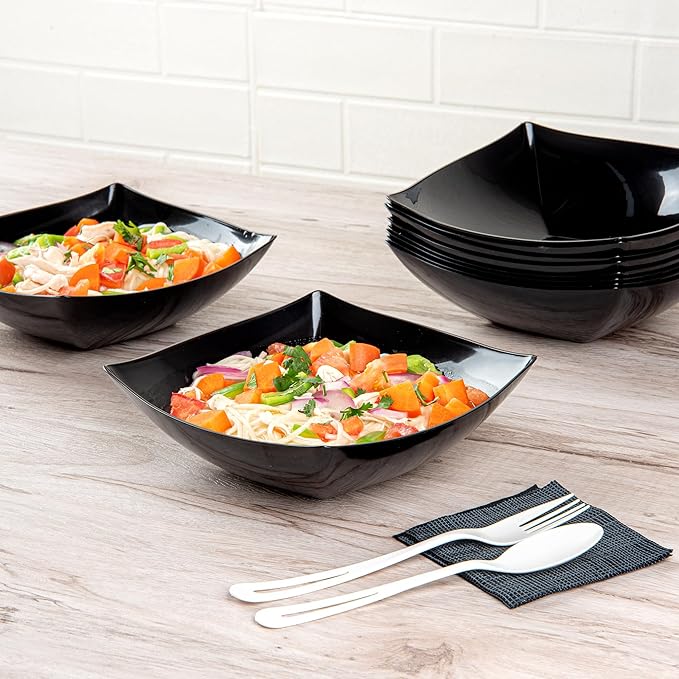 Restaurantware Moderna 32 Ounce Fancy Plastic Bowls 10 Square Disposable Salad Bowls - Durable Heavy-duty Black Plastic Bowls For Warm And Cold Foods (Pack of 3)
