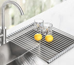 Tomorotec Stainless Steel Roll-Up Dish Drying Rack Marble Color Silicone Edges, Foldable Kitchen Rack Heat Resistant Trivet Supports up to 70 lbs, Food Safe for Dishes, Cookware & More