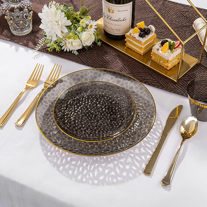 DaYammi 350PCS Clear Black and Gold Plastic Dinnerware Set for Party, Hammered Disposable Plates for Party, Include: 50 Dinner Plates, 50 Dessert Plates 150 Gold Silverware 50 Napkins 50 Cups