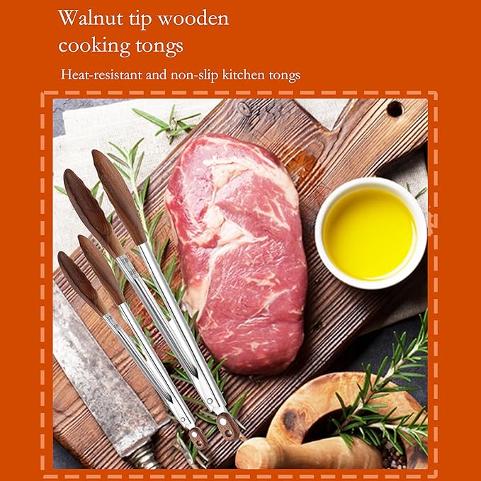 Walnut-Tip Wooden Cooking Tongs, 2-Pack Heat-Resistant & Anti-Slip Kitchen Tongs with Smooth Locking Design, Perfect as Serving Utensils for Salad, Grilling, and a Versatile Cooking Set