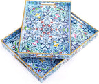 Hiceeden Set of 2 Boho Floral Serving Tray with Handles, 15.7" x 11.8" Decorative Plastic Ottoman Tray, Modern Large Coffee Table Server for Living Room, Bathroom, Kitchen, Rectangle, Blue