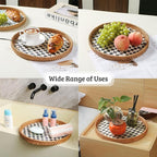 Round Rattan Tray with Mother of Pearl Inlay, Decorative Wicker Serving Tray with Wooden Base, Woven Basket Trays for Bread Fruits Coffee, Checkered