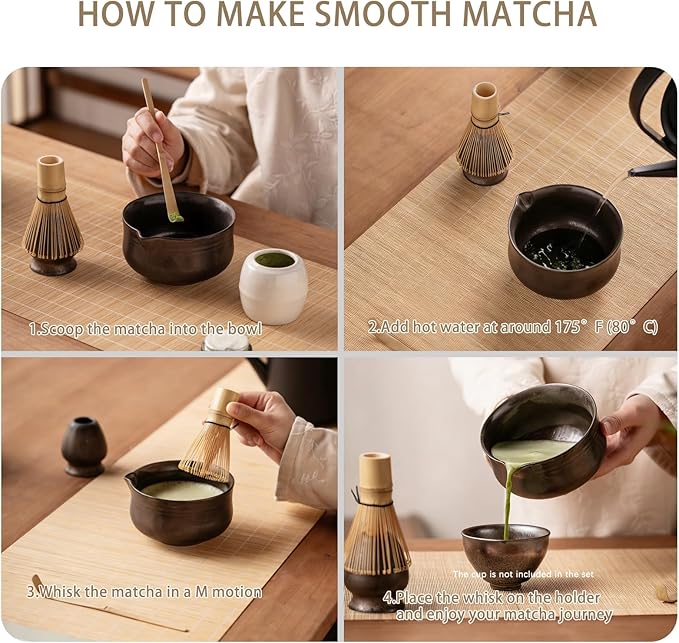 Matcha Set, Japanese Tea Set Includes Matcha Bowl with Spout, Matcha Whisk Holder (chasen), Bamboo Matcha Whisk and Bamboo Scoop, Ceramic Matcha Kit for Tea Lovers