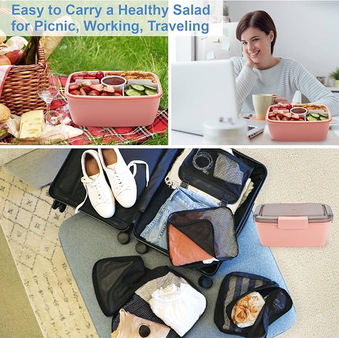 Freshmage Salad Container for Lunch, 2 Packs 68oz Large Salad Bowls with 4 Compartments, Salad Dressings Container for Salad Toppings, Snacks, Men, Women (Gray+Pink)