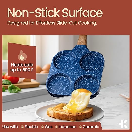 4-Cup Nonstick Frying Egg Pan Blue Marble, Granite Pancake Pan, PFOS & PFOA Free, Die-Cast Aluminum with Heat-Resistant Handle, 500°F Stove-Safe, Compatible with Induction, Gas & Electric Cooktops