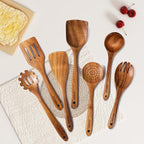 Wooden Spoons for Cooking, Wooden Utensils for Cooking Natural Teak Wooden Kitchen Utensils Set Comfort Grip (7 PCS SET)