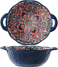 2 Pack Boho Ceramic Serving Bowls with Handles, 40 Oz Porcelain Salad Bowls, Large Serving Dishes for Entertaining, Mixing Bowls for Soup, Stew, Pasta, Cereal, Colorful Embossed Cute Bowls Set ALDS