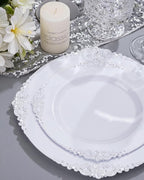 Nervure 350PCS Silver Plastic Dinnerware - White and Silver Disposable Plates for 50 Guests - 100 Disposable Plates, 150 Plastic Silverware, 50 Cups, 50 Napkins for Wedding & Party