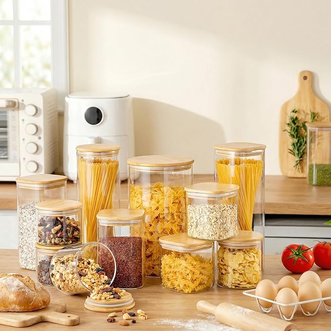 Square Glass Jars with Bamboo Lids [Muti Size Set of 5], Glass Canisters with Airtight Lids, Glass Food Storage Containers for Pasta, Cereal, Flour, Sugar, Best for Kitchen & Pantry
