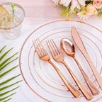bUCLA 300PCS Rose Gold Plastic Dinnerware - Clear Dinnerware Set Disposable Include 50 Dinner Plates,50 Dessert Plates,50 Knives,50 Forks,50 Spoons,50 Cups for Party, Wedding & Mother's Day