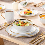 LOVECASA 16 Pieces Plates and Bowls Sets, Porcelain White and Gold Dinnerware Sets, Round Dinner Plates Dishes Set Service for 4, Dishwasher Safe and Scratch Resistant, White
