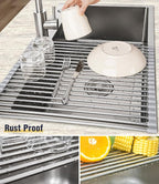 Tomorotec 21" x 15.5" Roll Up Dish Drying Rack Over Sink Drying Rack Sink Cover Kitchen Sink Accessories Gadget Multipurpose Organizer Foldable Stainless Steel Drainer