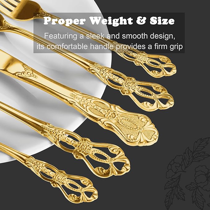 Runfly Retro Royal Gold 48 Pieces Flatware Set, Gorgeous Golden Silverware Set For 8, Anti-rust Stainless Steel dark Cutlery Set Utensils Including Fork Spoon and Knife