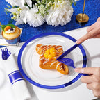 Liacere 350PCS Blue Plastic Plates - Clear with Blue Trim for 50Guests Dinnerware Include 100 Clear Plates disposable 150 Silverware 50Napkins for Wedding ＆ Graduation & Memorial Day
