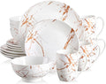 LOVECASA White Dinnerware Sets for 4, 16 Piece Porcelain Dish Set Plates and Bowls Sets, Gold Splash Glaze Ceramic Dinner Set with Mugs, Dishwasher Microwave Safe