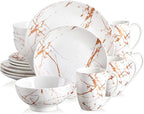 LOVECASA White Dinnerware Sets for 4, 16 Piece Porcelain Dish Set Plates and Bowls Sets, Gold Splash Glaze Ceramic Dinner Set with Mugs, Dishwasher Microwave Safe