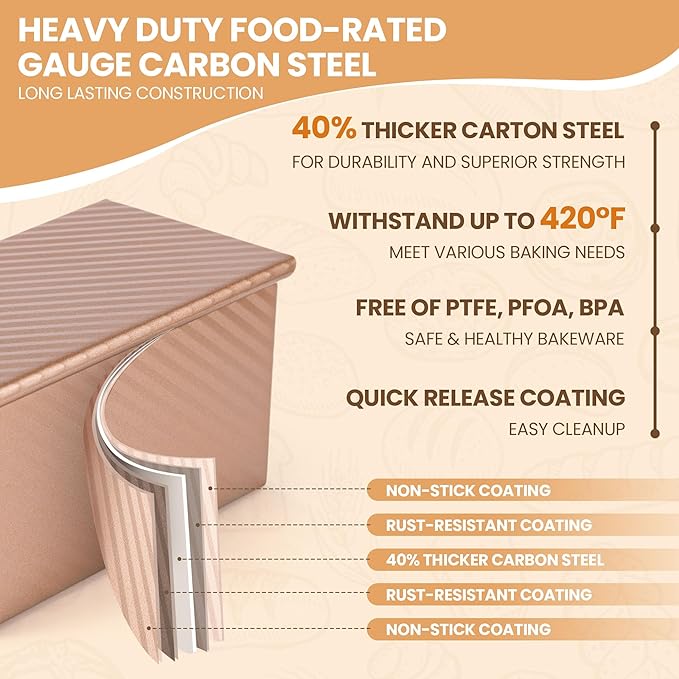 Pullman Loaf Pan with Lid, Premium 1 lb Dough Sandwich Nonstick Bread Pan with Lid for Homemade Bread, Heavy Duty Carbon Steel Corrugated Pullman Toast Box with Cover for Baking, Bakeware