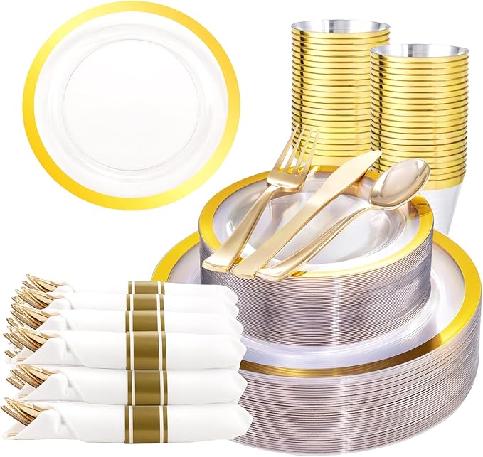 Liacere 350PCS Clear Gold Plastic Plates for 50 Guests Dinnerware Include 100 disposable Plates 150 Gold Silverware 50Napkins for Party & Wedding