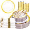 Liacere 350PCS Clear Gold Plastic Plates for 50 Guests Dinnerware Include 100 disposable Plates 150 Gold Silverware 50Napkins for Party & Wedding