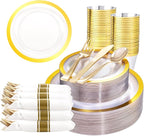 Liacere 350PCS Clear Gold Plastic Plates for 50 Guests Dinnerware Include 100 disposable Plates 150 Gold Silverware 50Napkins for Party & Wedding