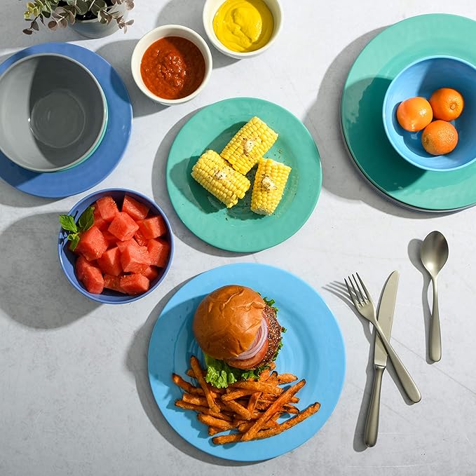 Gibson Home Brist Melamine Plastic Dinnerware Set, Service for Four (12pcs), Blue